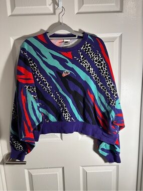 Nike Abstract Zebra Cropped Sweatshirt - Purple, Teal, Red, Black Size L